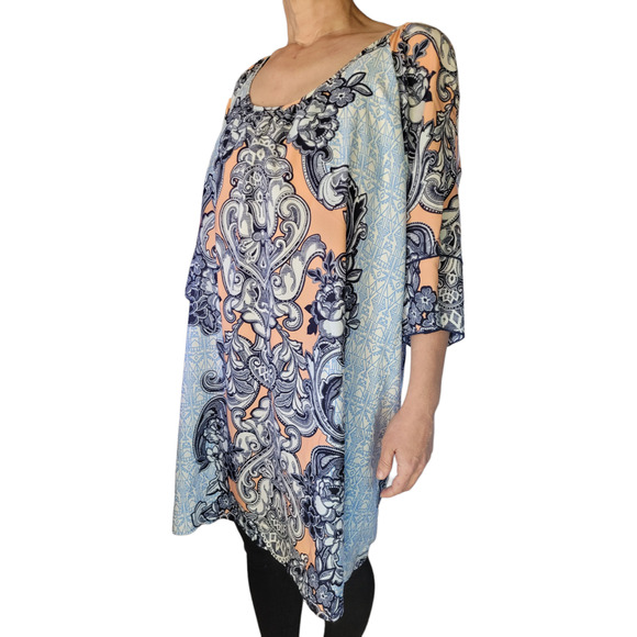 GIBSON LATIMER Boho Cold Shoulder Mumu Dress L Blue Festival Hanky Hem Tunic - Picture 1 of 10
